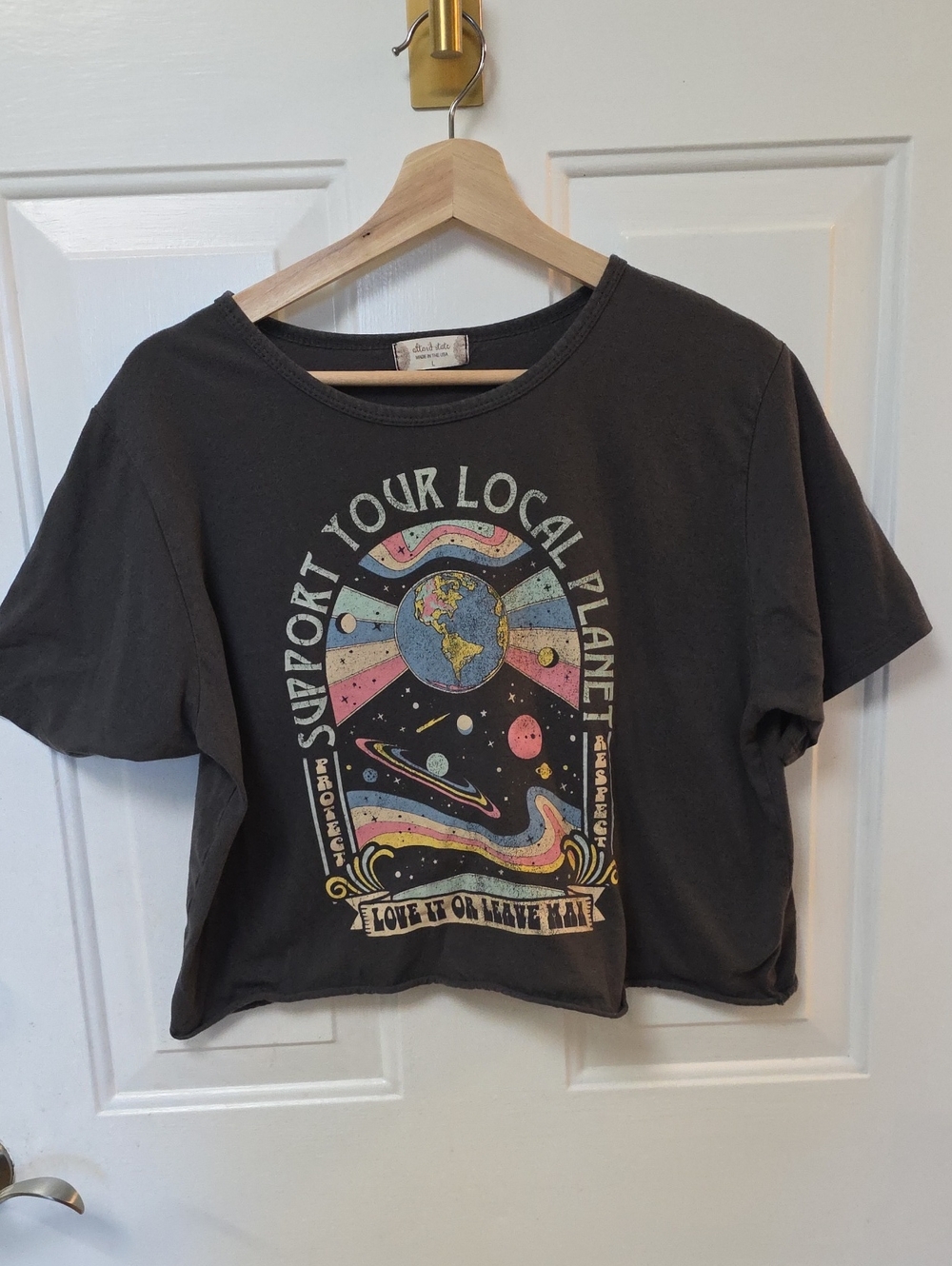 Altar'd State Charcoal Crop Tee with Multicolor Planet Graphic